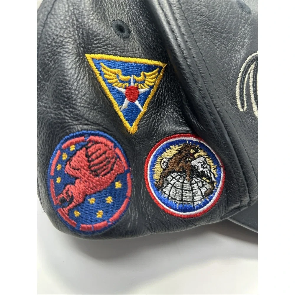 VTG Tuskegee Airman Leather Baseball Cap‎ Hat Black Never Forgotten 1941 Patches